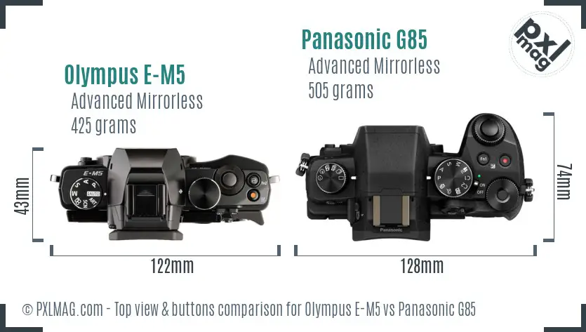 Olympus E-M5 vs Panasonic G85 top view buttons comparison