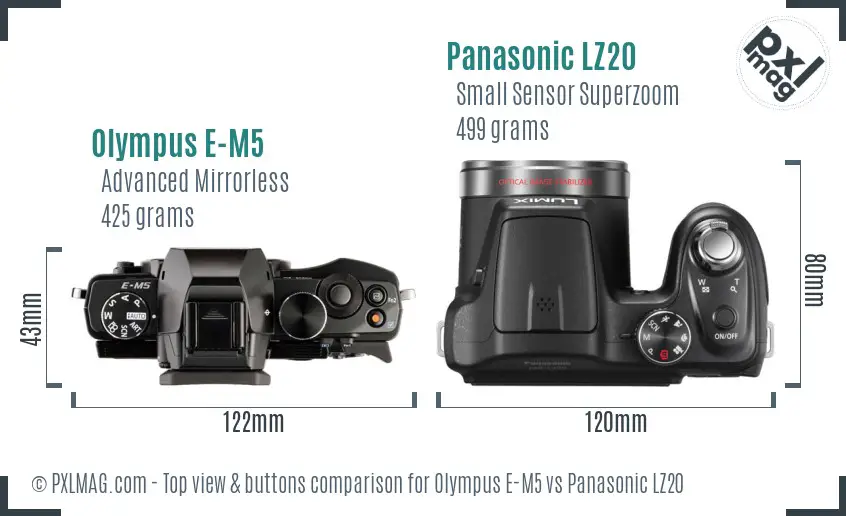 Olympus E-M5 vs Panasonic LZ20 top view buttons comparison