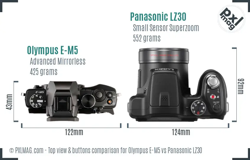 Olympus E-M5 vs Panasonic LZ30 top view buttons comparison Olympus E-M5 vs Panasonic LZ30 top view buttons comparison