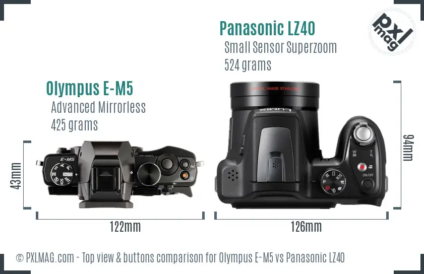 Olympus E-M5 vs Panasonic LZ40 top view buttons comparison Olympus E-M5 vs Panasonic LZ40 top view buttons comparison