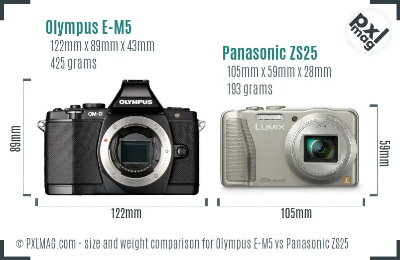 Olympus E-M5 vs Panasonic ZS25 size comparison
