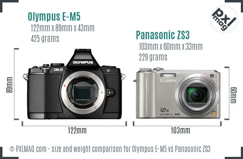 Olympus E-M5 vs Panasonic ZS3 size comparison