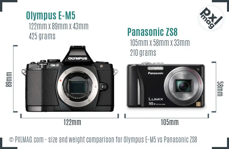 Olympus E-M5 vs Panasonic ZS8 size comparison