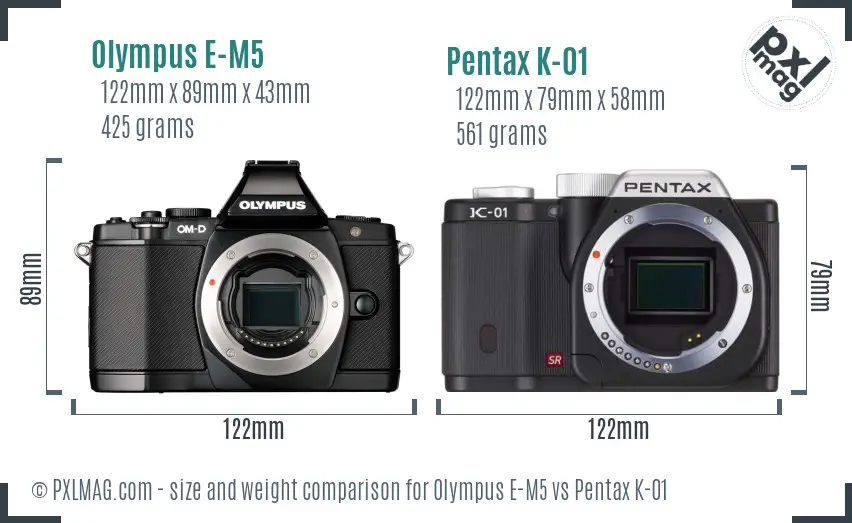 Olympus E-M5 vs Pentax K-01 size comparison
