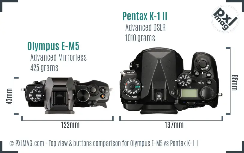 Olympus E-M5 vs Pentax K-1 II top view buttons comparison