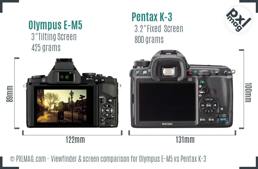 Olympus E-M5 vs Pentax K-3 Screen and Viewfinder comparison