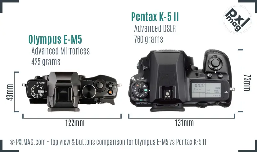 Olympus E-M5 vs Pentax K-5 II top view buttons comparison