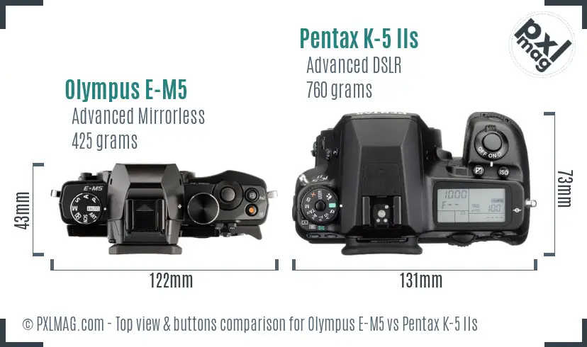 Olympus E-M5 vs Pentax K-5 IIs top view buttons comparison