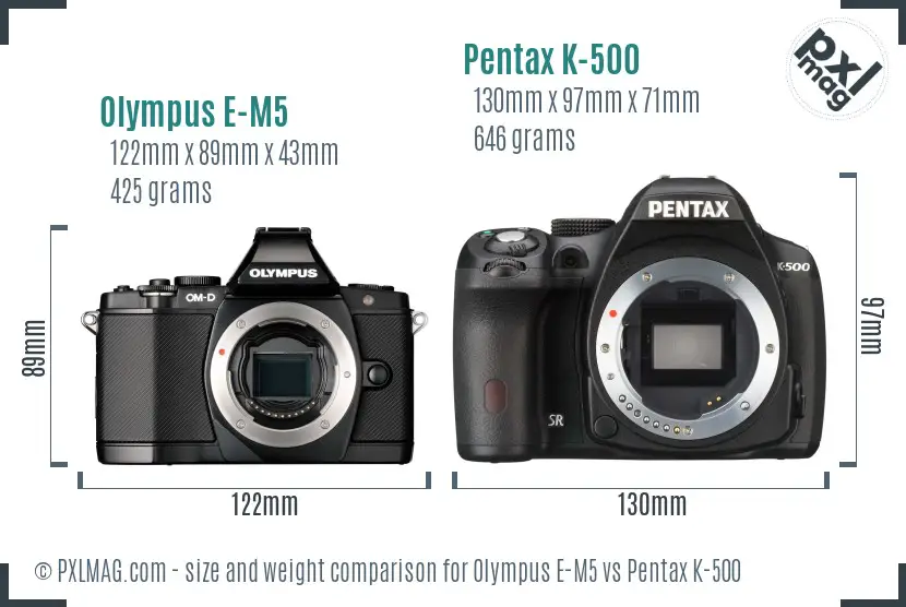 Olympus E-M5 vs Pentax K-500 size comparison