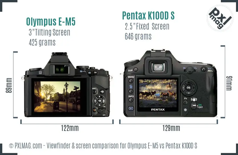 Olympus E-M5 vs Pentax K100D S Screen and Viewfinder comparison