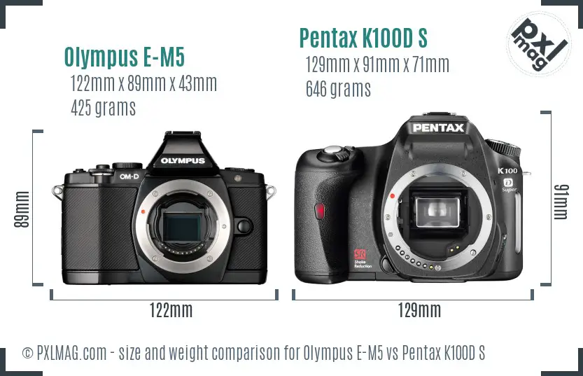Olympus E-M5 vs Pentax K100D S size comparison