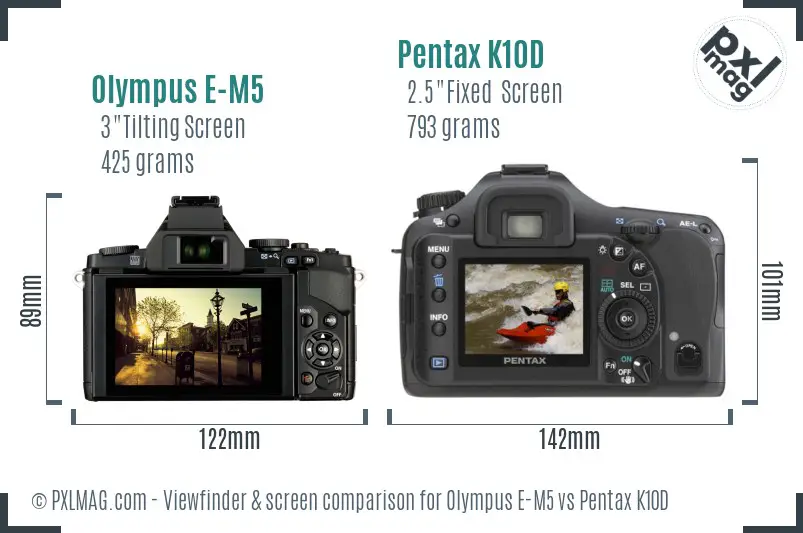 Olympus E-M5 vs Pentax K10D Screen and Viewfinder comparison
