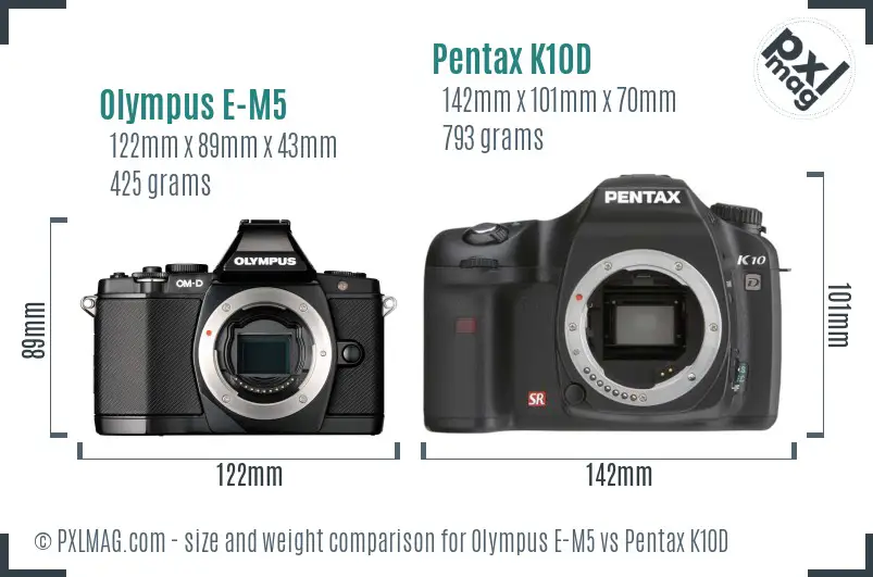 Olympus E-M5 vs Pentax K10D size comparison