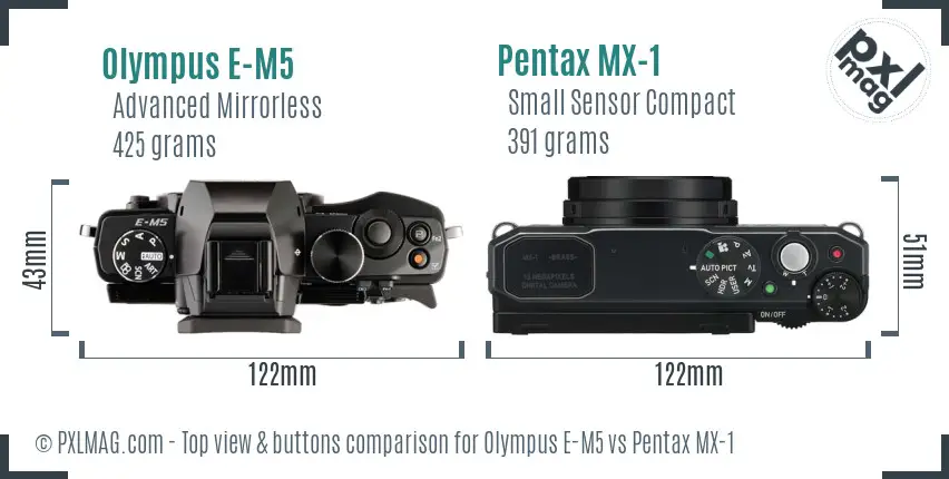 Olympus E-M5 vs Pentax MX-1 top view buttons comparison