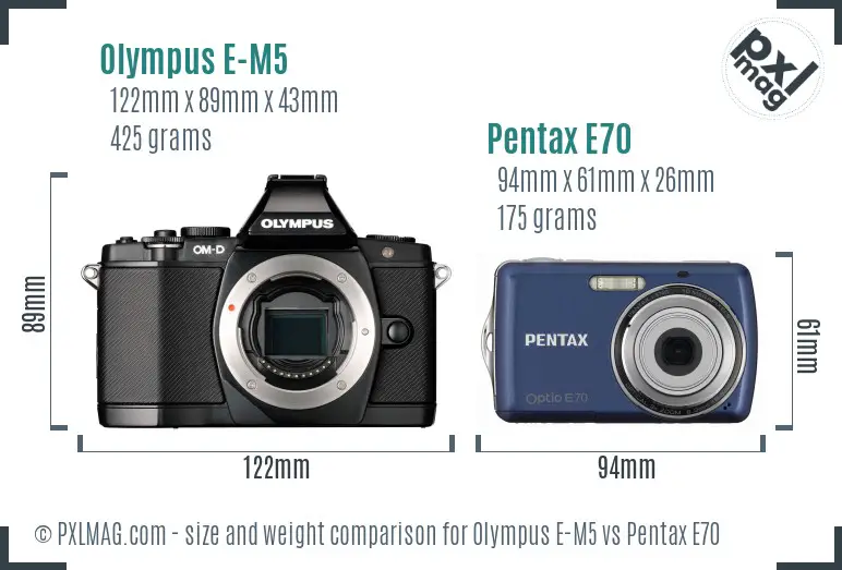 Olympus E-M5 vs Pentax E70 size comparison