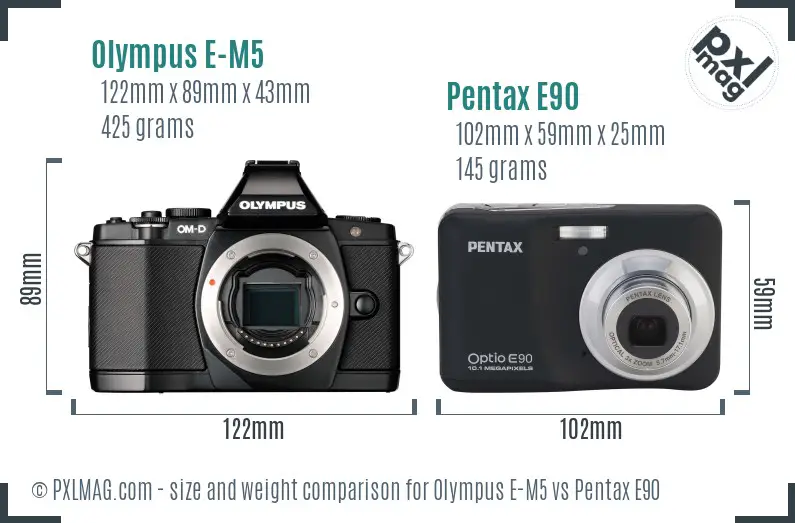 Olympus E-M5 vs Pentax E90 size comparison