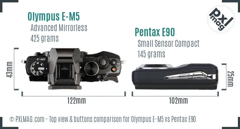 Olympus E-M5 vs Pentax E90 top view buttons comparison