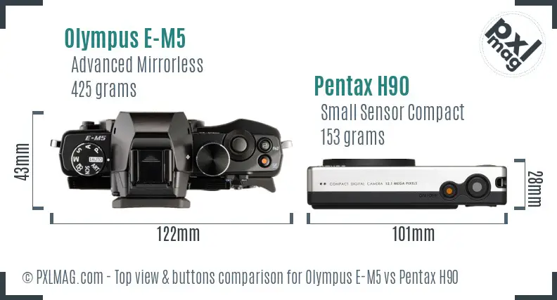 Olympus E-M5 vs Pentax H90 top view buttons comparison