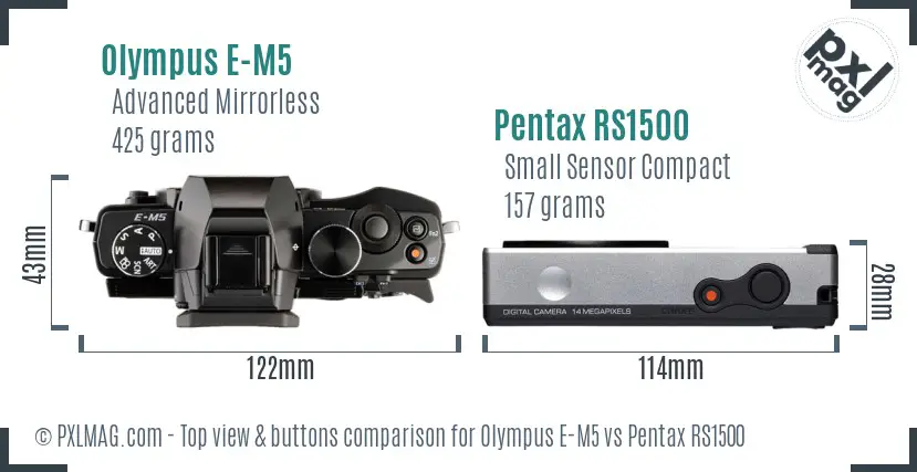 Olympus E-M5 vs Pentax RS1500 top view buttons comparison