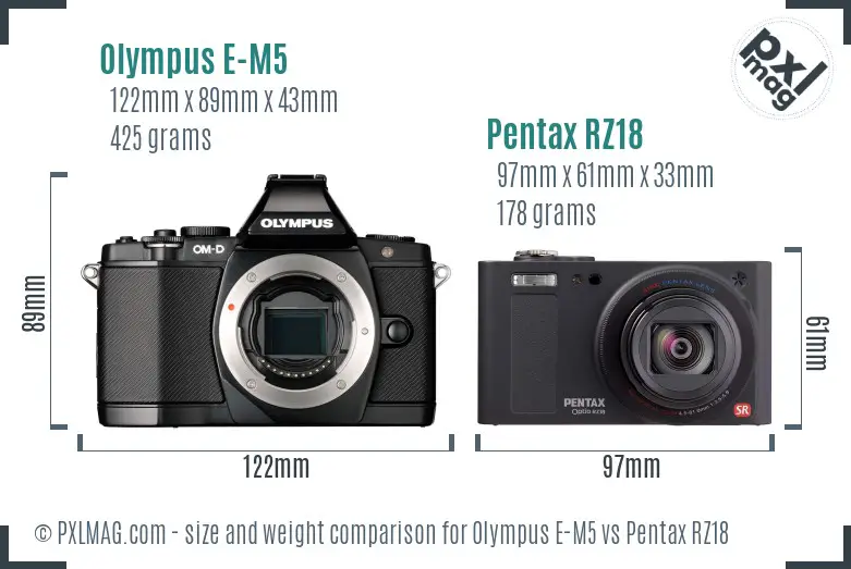 Olympus E-M5 vs Pentax RZ18 size comparison