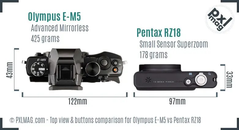 Olympus E-M5 vs Pentax RZ18 top view buttons comparison
