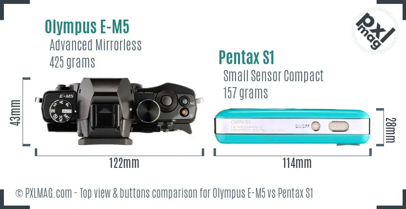 Olympus E-M5 vs Pentax S1 top view buttons comparison