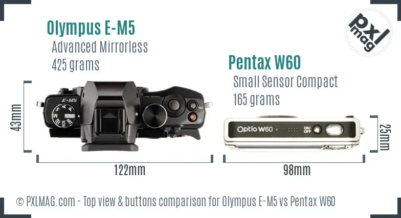 Olympus E-M5 vs Pentax W60 top view buttons comparison