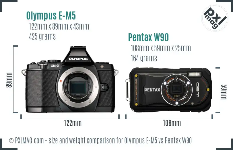 Olympus E-M5 vs Pentax W90 size comparison