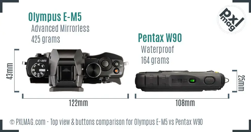 Olympus E-M5 vs Pentax W90 top view buttons comparison