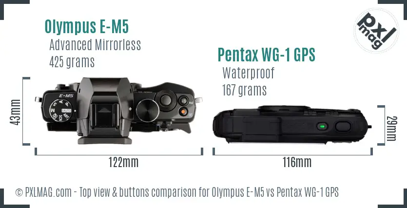 Olympus E-M5 vs Pentax WG-1 GPS top view buttons comparison