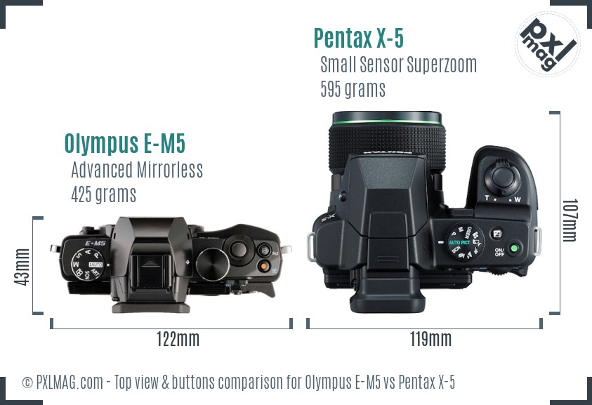 Olympus E-M5 vs Pentax X-5 top view buttons comparison