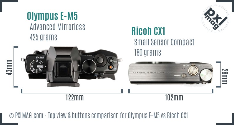 Olympus E-M5 vs Ricoh CX1 top view buttons comparison