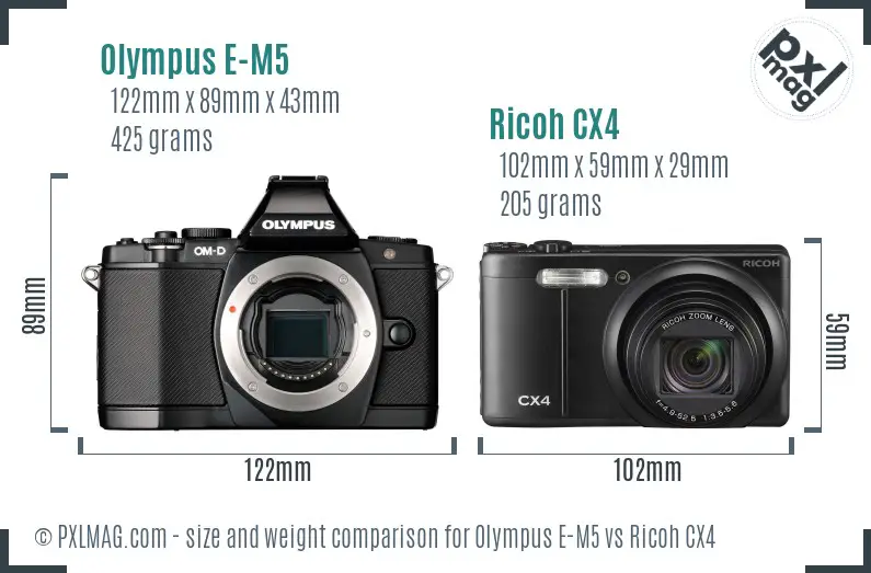Olympus E-M5 vs Ricoh CX4 size comparison Olympus E-M5 vs Ricoh CX4 size comparison