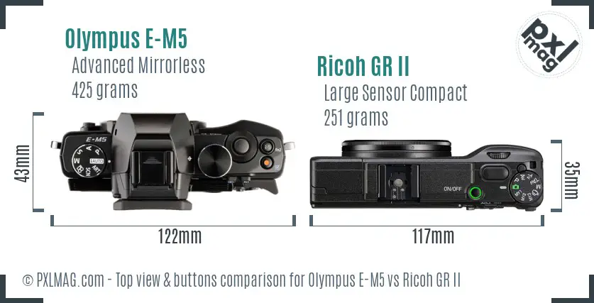 Olympus E-M5 vs Ricoh GR II top view buttons comparison