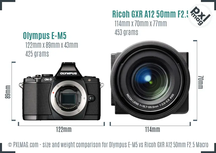 Olympus E-M5 vs Ricoh GXR A12 50mm F2.5 Macro size comparison