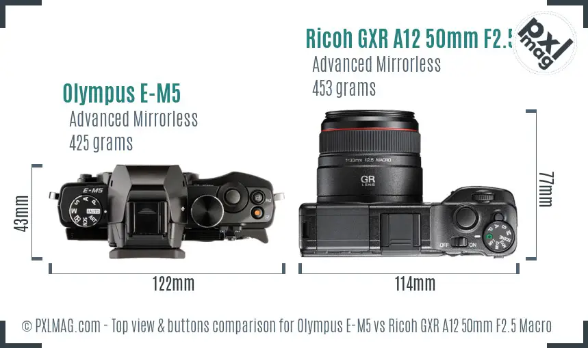 Olympus E-M5 vs Ricoh GXR A12 50mm F2.5 Macro top view buttons comparison