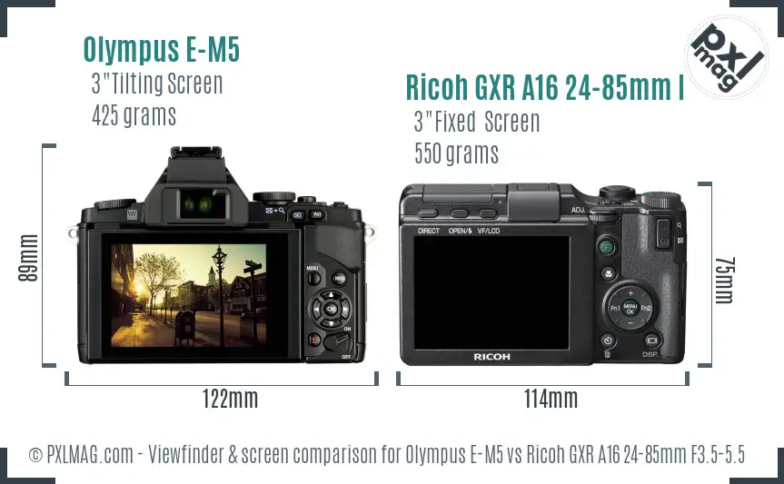 Olympus E-M5 vs Ricoh GXR A16 24-85mm F3.5-5.5 Screen and Viewfinder comparison