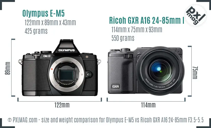 Olympus E-M5 vs Ricoh GXR A16 24-85mm F3.5-5.5 size comparison