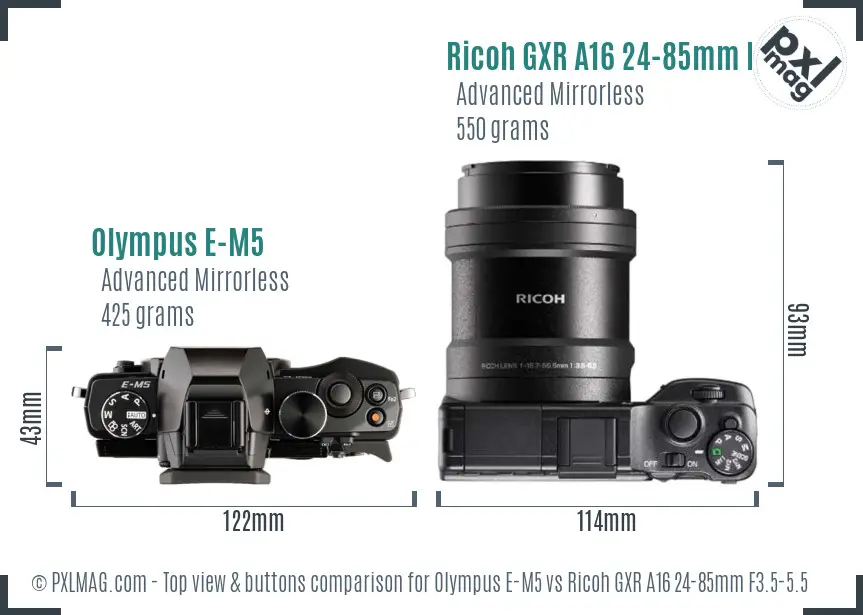 Olympus E-M5 vs Ricoh GXR A16 24-85mm F3.5-5.5 top view buttons comparison