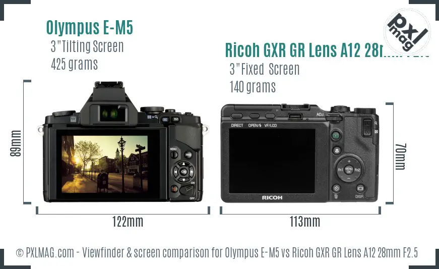 Olympus E-M5 vs Ricoh GXR GR Lens A12 28mm F2.5 Screen and Viewfinder comparison