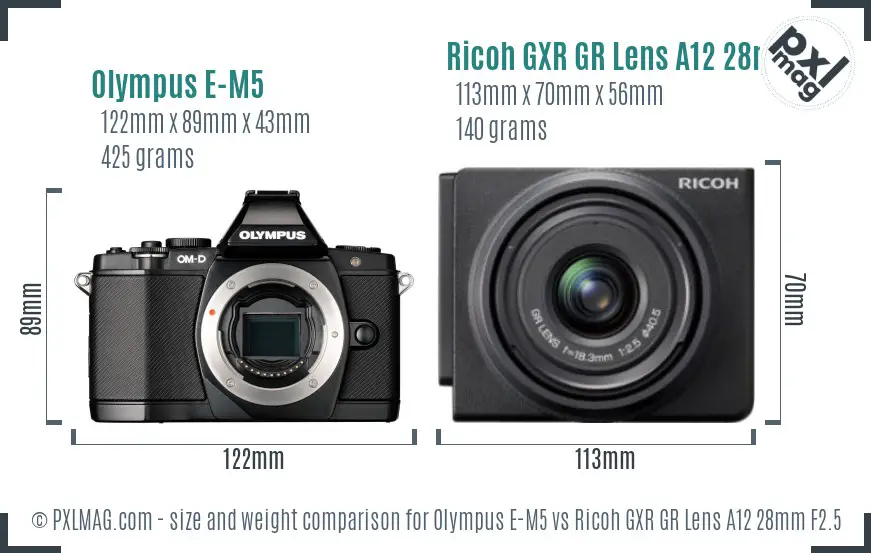Olympus E-M5 vs Ricoh GXR GR Lens A12 28mm F2.5 size comparison