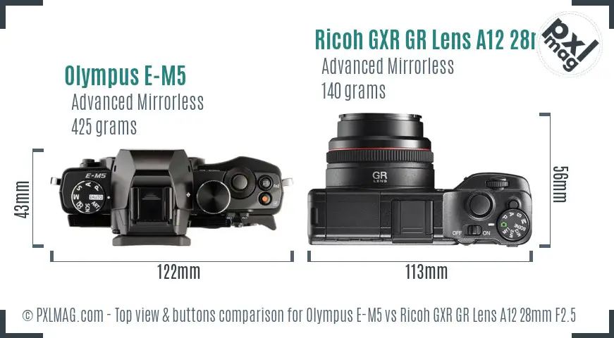 Olympus E-M5 vs Ricoh GXR GR Lens A12 28mm F2.5 top view buttons comparison