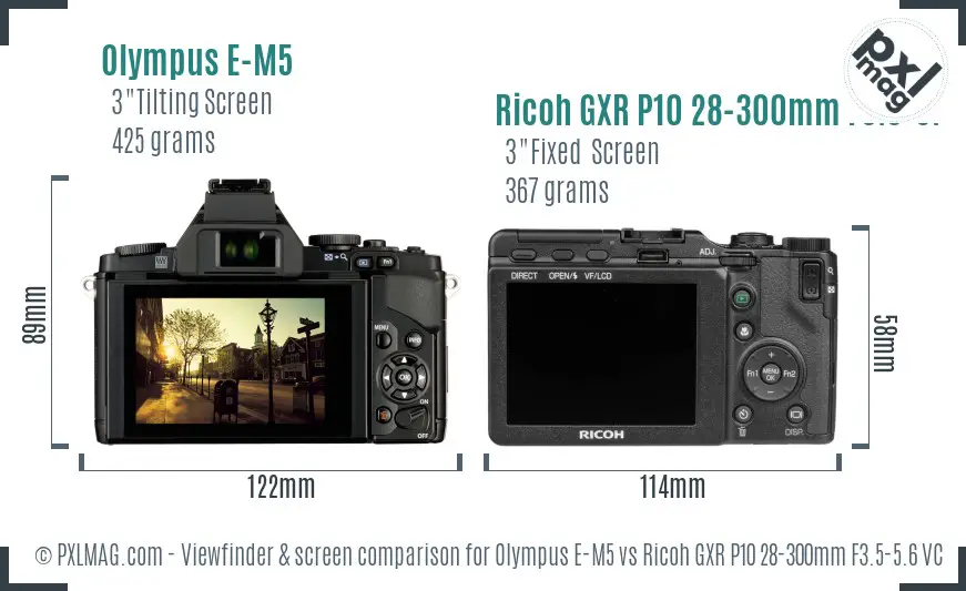 Olympus E-M5 vs Ricoh GXR P10 28-300mm F3.5-5.6 VC Screen and Viewfinder comparison
