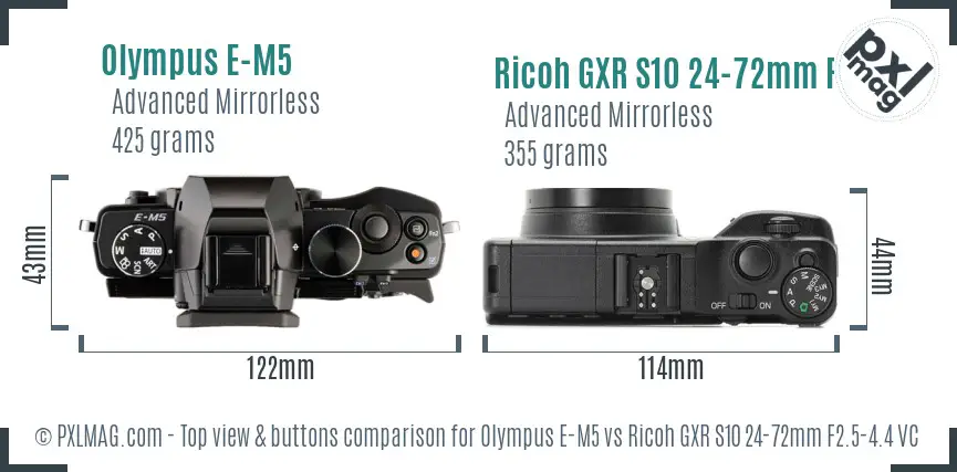 Olympus E-M5 vs Ricoh GXR S10 24-72mm F2.5-4.4 VC top view buttons comparison