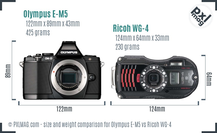 Olympus E-M5 vs Ricoh WG-4 size comparison