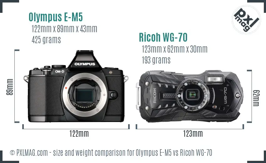 Olympus E-M5 vs Ricoh WG-70 size comparison