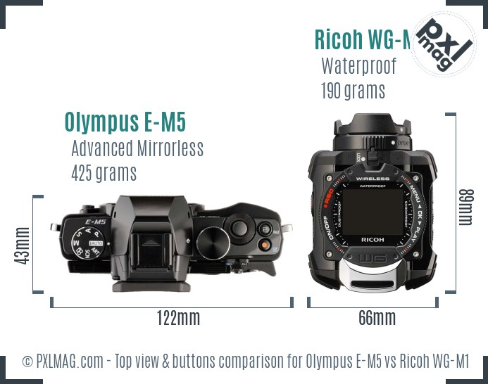 Olympus E-M5 vs Ricoh WG-M1 top view buttons comparison