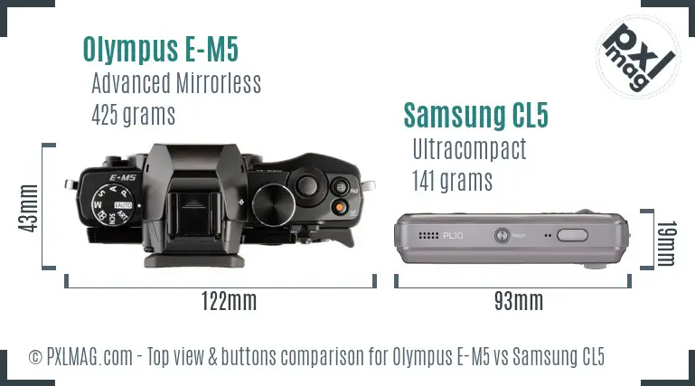 Olympus E-M5 vs Samsung CL5 top view buttons comparison