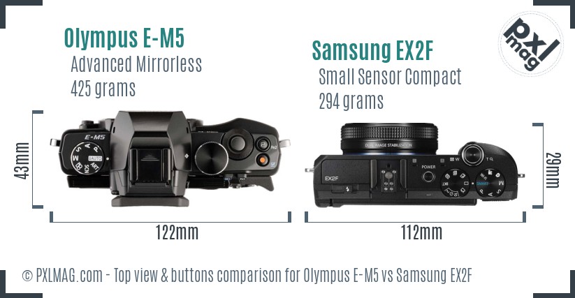 Olympus E-M5 vs Samsung EX2F top view buttons comparison