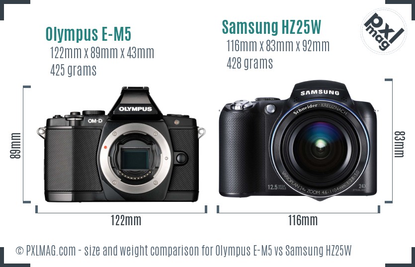 Olympus E-M5 vs Samsung HZ25W size comparison Olympus E-M5 vs Samsung HZ25W size comparison